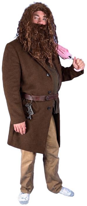 Drew dressed as Hagrid, holding a pink parasol